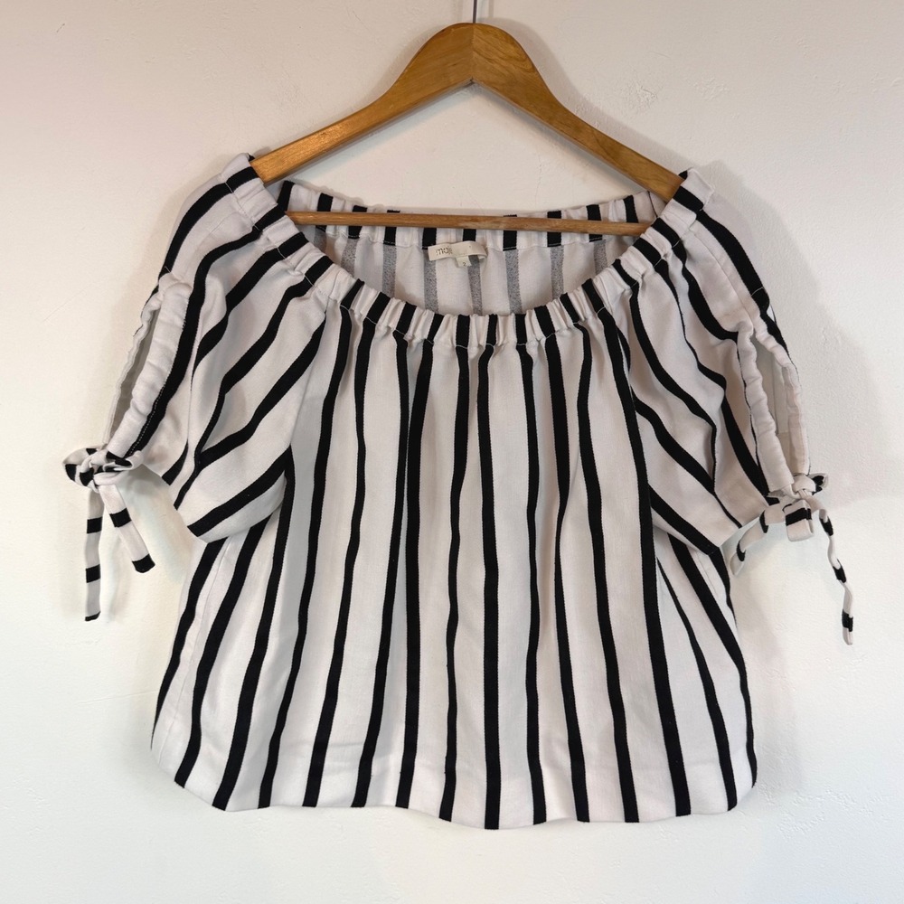 Maje Off Shoulder Top Sz 2 M Black White Stripe Tie Sleeve Linen Blend Old Money